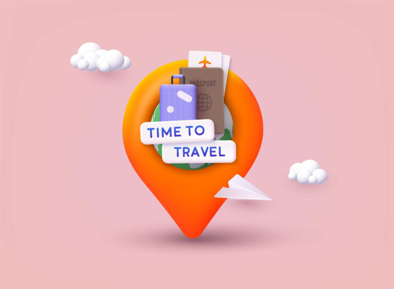Time to travel banner. Trip banner with passport, tickets, travel bag.